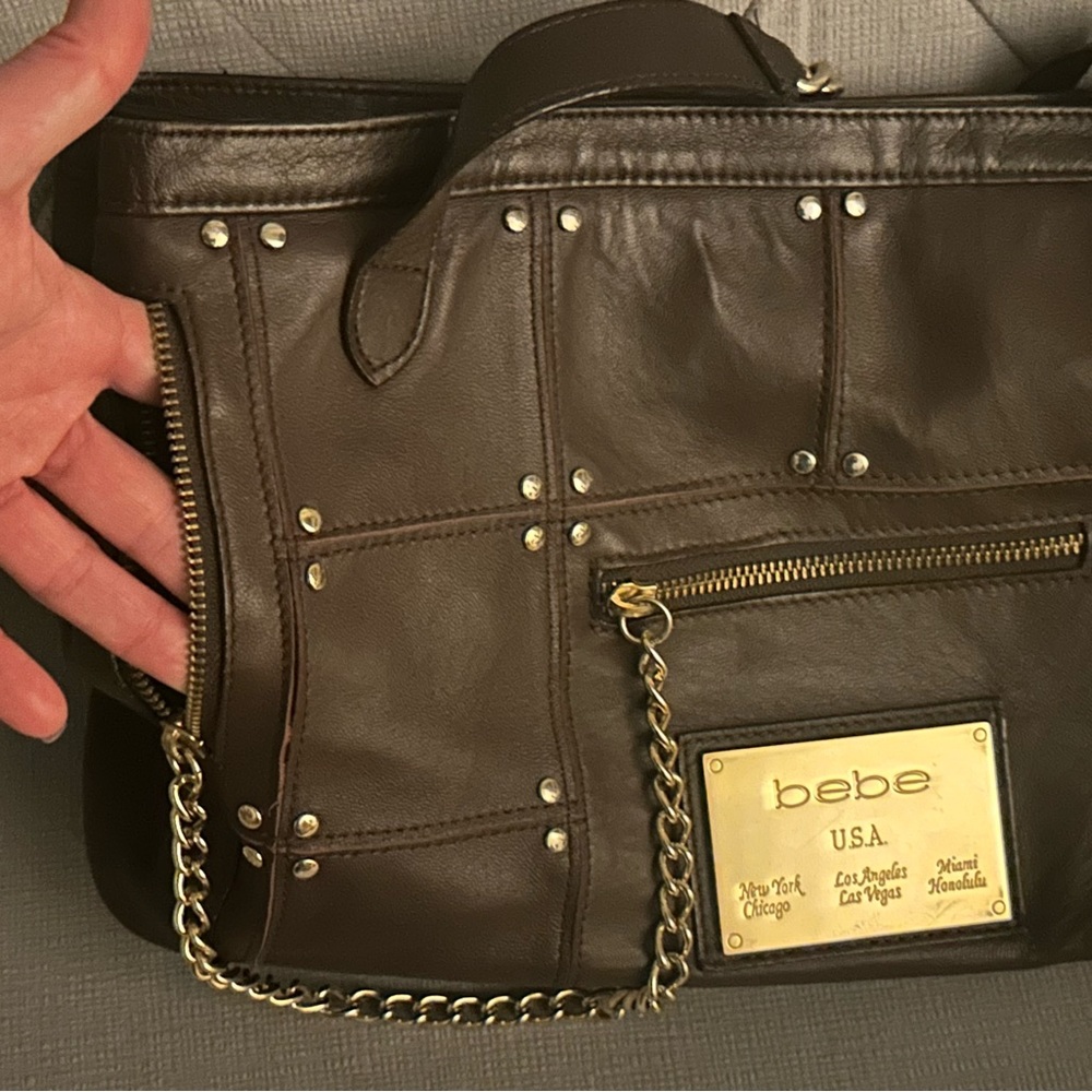 Brown Leather Patch Bebe Bag W Chains - image 2